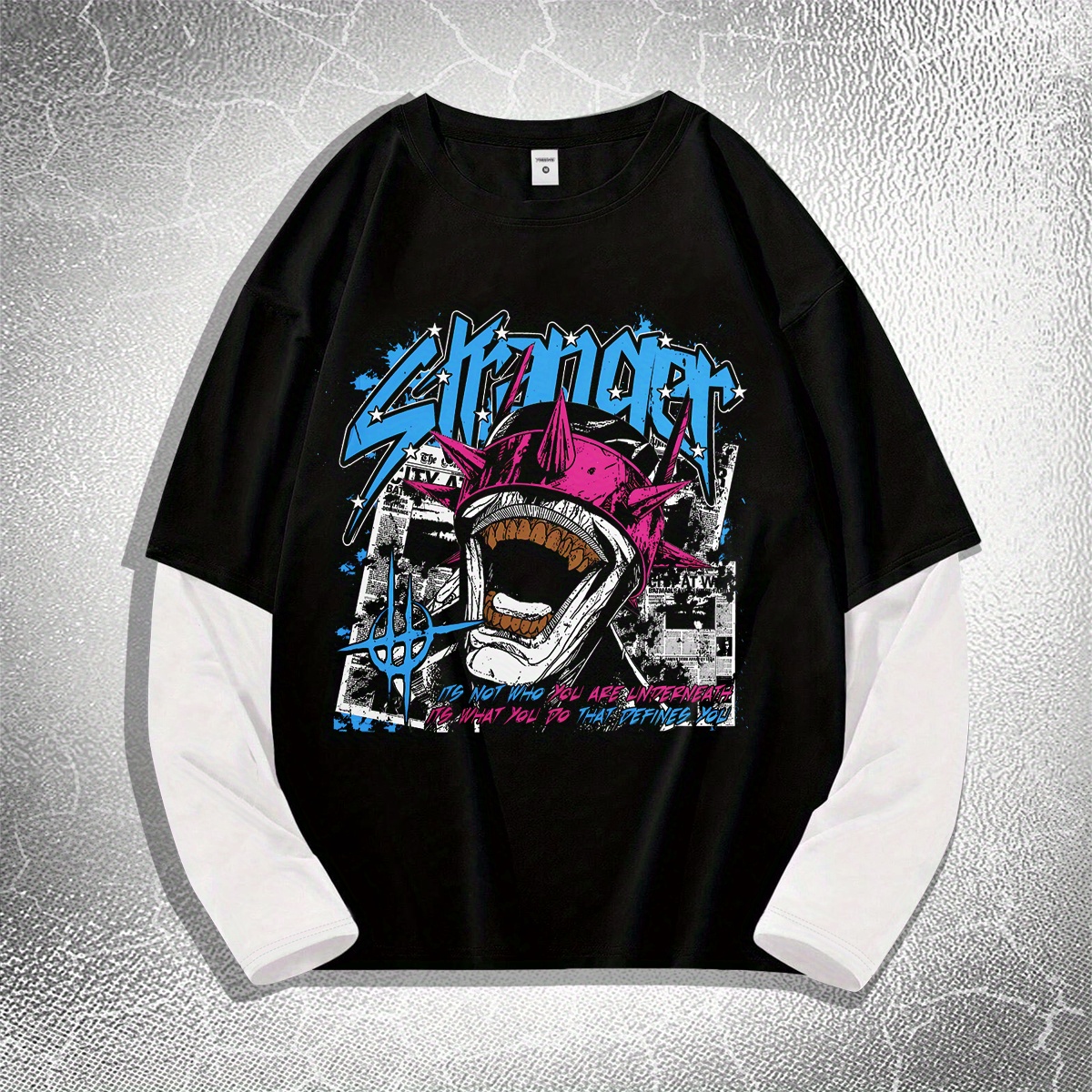 

Men's Gothic Skull Print Faux Two-piece Long Sleeve T-shirt - Casual, Stretch Fabric, Round Neck - Spring/fall