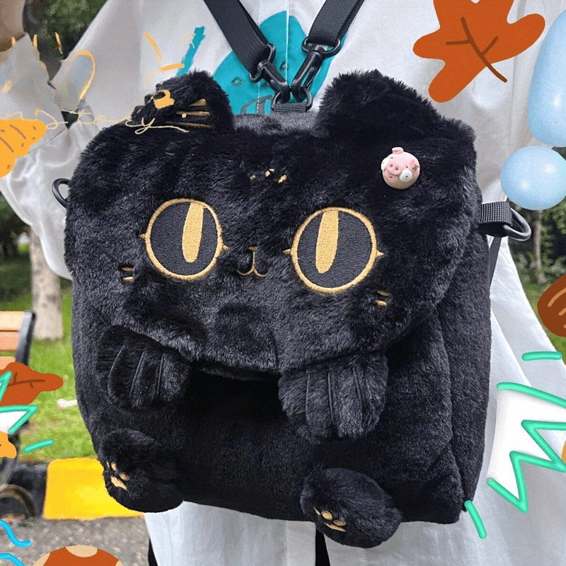 cute cartoon plush little black cat backpack new versatile - Temu