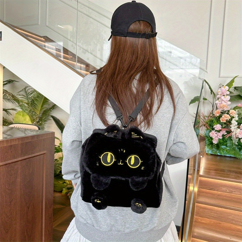 cute cartoon plush little black cat backpack new versatile - Temu
