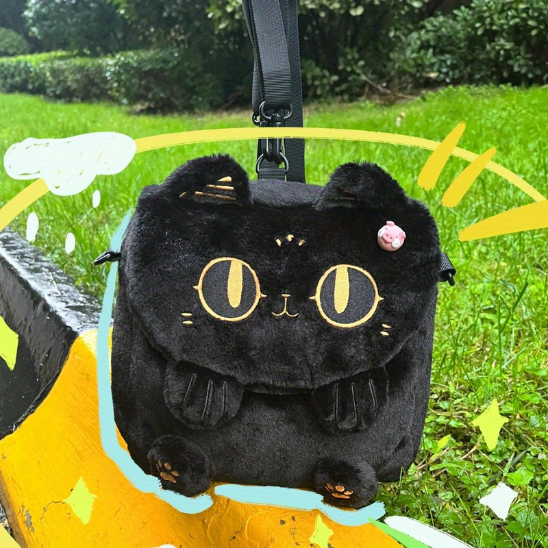cute cartoon plush little black cat backpack new versatile - Temu