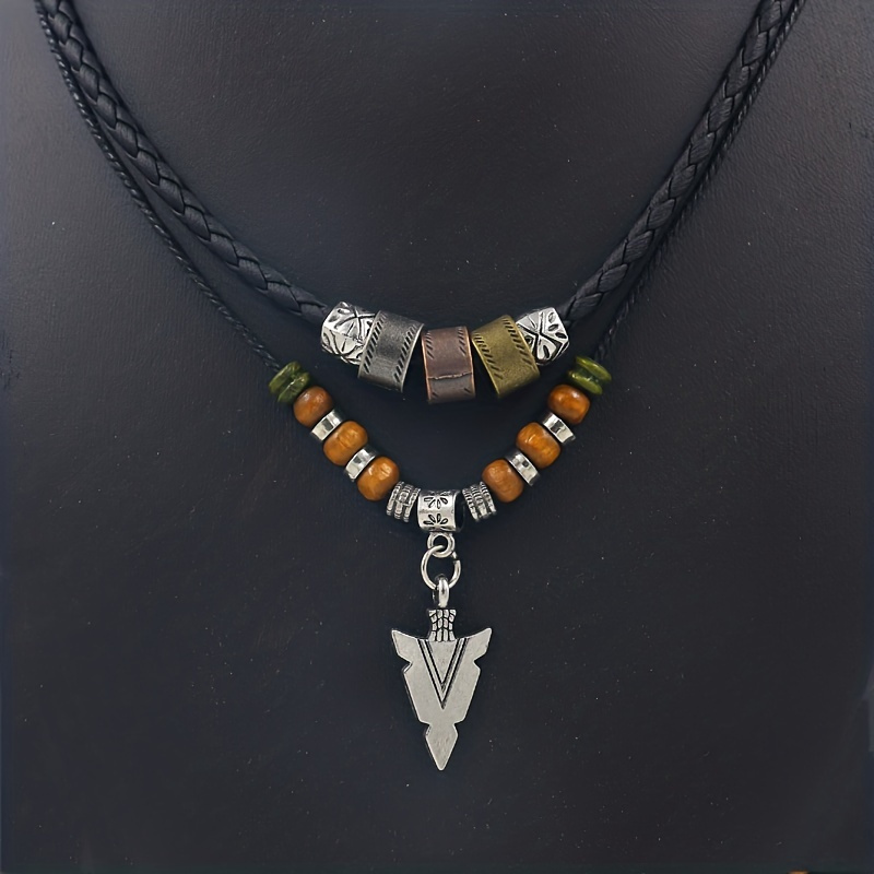 

Vintage-inspired Stacked Pu Leather Rope Beaded Necklace - Unique Tribal Arrow Pendant, Layered Design, Men's Jewelry, Perfect For Casual Or Formal Occasions