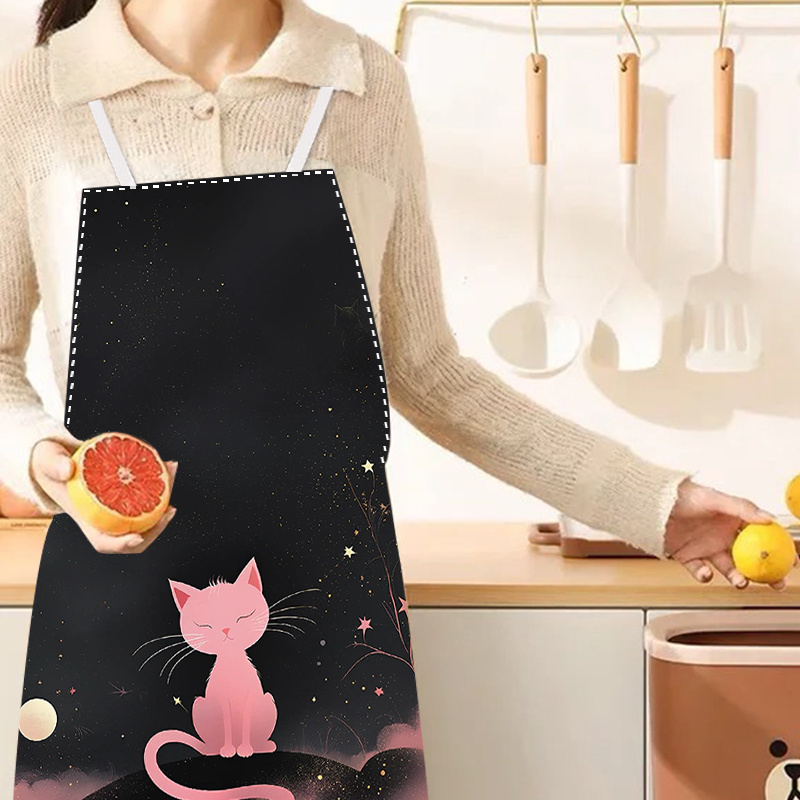 

1pc Cat And Stars Printed Linen Apron - Woven Linen 100% Material For Kitchen, Home, Restaurant, Café, Bbq, Waitstaff Uniform And Protective Clothing