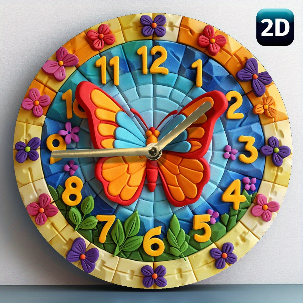 

8 Inch 2d Butterfly Wall Clock - Quartz Movement, Silent, Aa Battery (not Included) - Home, Office, Or Bedroom Decor