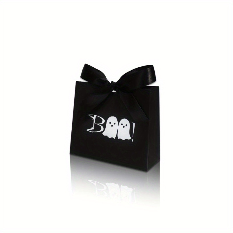 Image of 10pcs Trick Or Treat Boo! Halloween Gift Boxes - Sleek Black And With Satin Ribbon, Perfect For Candies And Boo! Gift Boxes For Halloween - Sleek Monochrome Design With Satin Ribbon