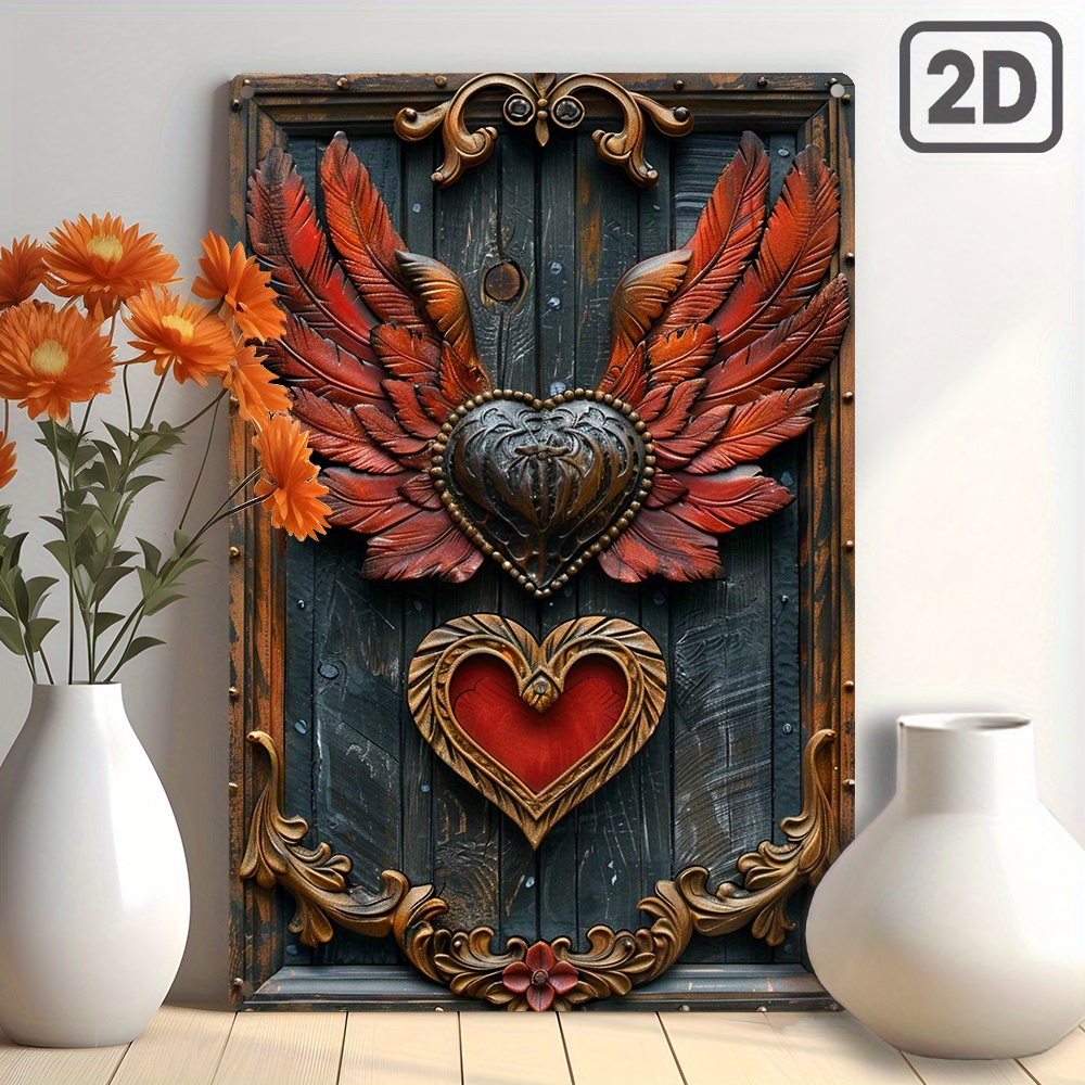 

Wings And Heart Aluminum Wall Art - 8x12inch Decorative Metal Poster, Durable 3d Design, Moisture Resistant For Home, Bedroom, Bathroom, Gift Idea - 1 Piece