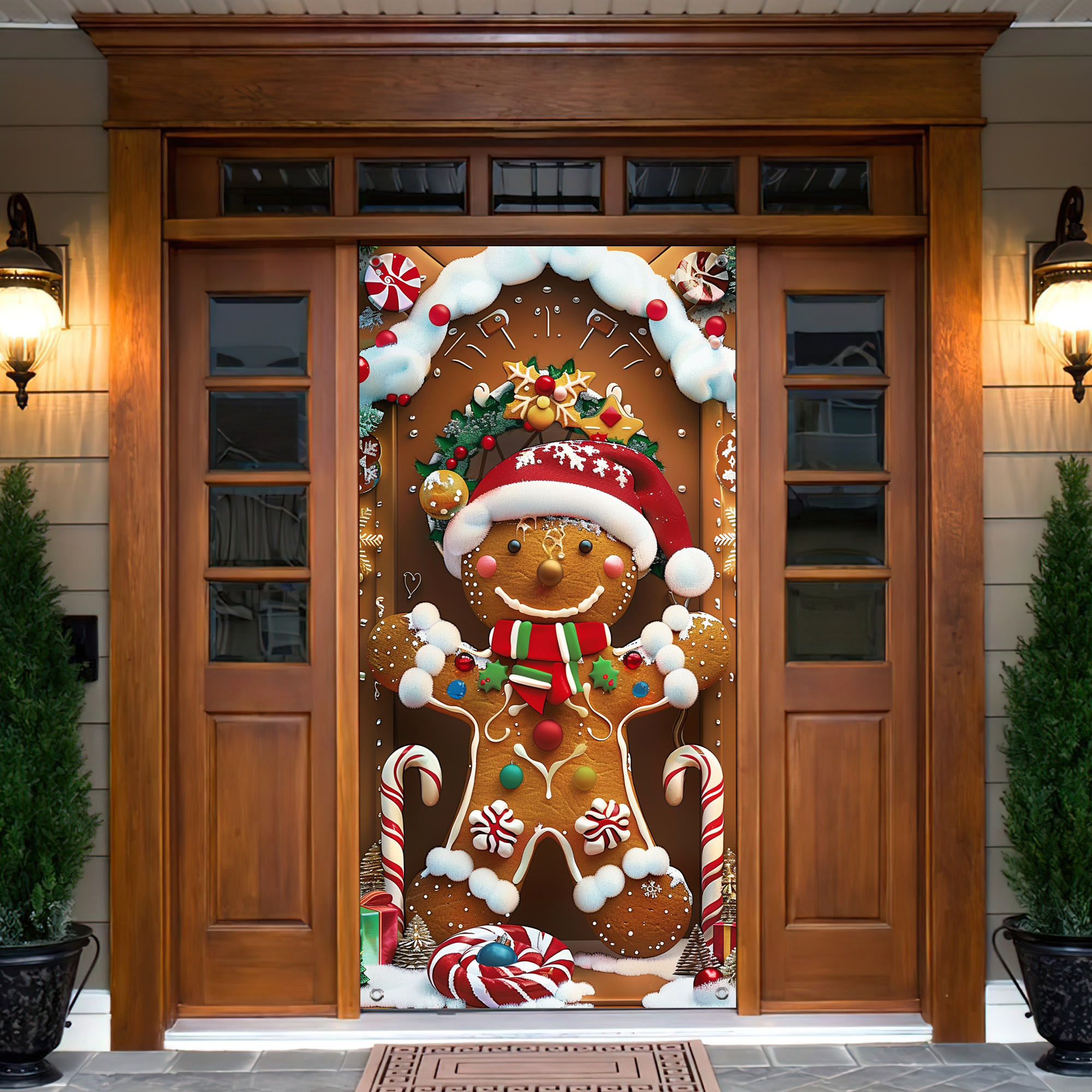 

1pc Christmas Gingerbread Man Door Cover Decoration - 35.4"x70.8" Polyester Banner, No-electricity Festive Hanging Decor For Holiday Party Supplies, All-occasion Indoor Banner