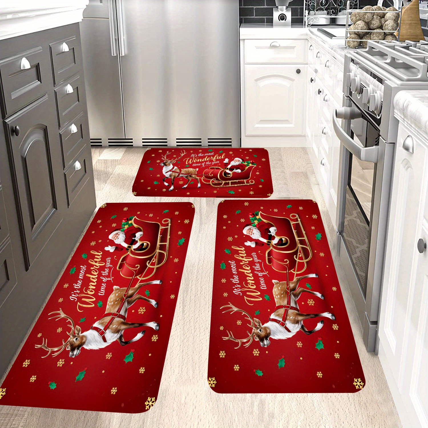 

3-piece Christmas Kitchen Rugs Set, Non-slip Flannel Runner Mats, Machine Washable Polyester Area Rugs For Bedroom, Living Room, Indoor - Festive Reindeer And Sleigh Design