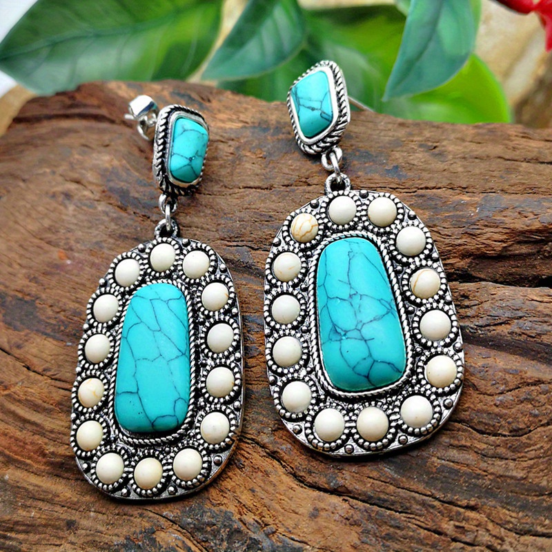 

1 Pair Of Creative Retro New Turquoise Plated Earrings Pop Exaggerated Drop Earrings