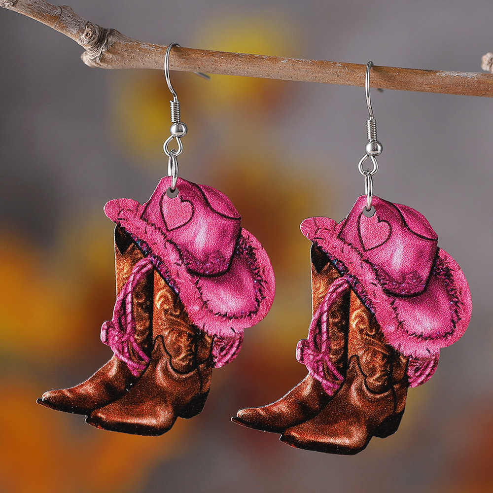 

Pink Cowboy Hat Cowboy Boots Pendant Earrings Double-sided Earrings