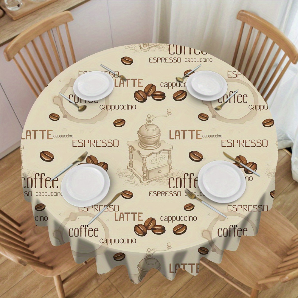 

Round Coffee Theme Tablecloth - 100% Polyester Woven Table Cover For Dining, Modern Simplistic Espresso & Cappuccino Print, Machine Cloth For Home, Restaurant - 1pc