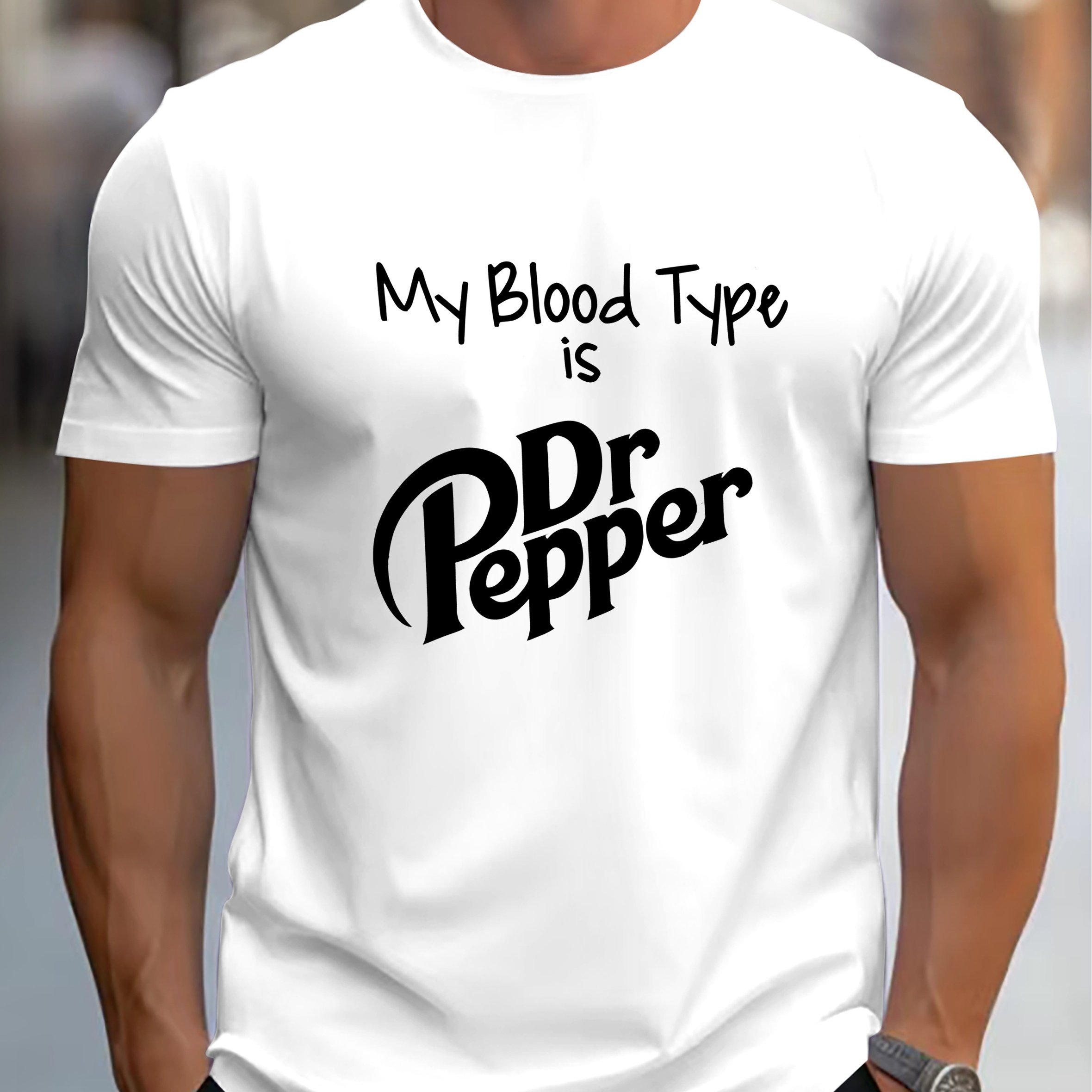 

My Blood Type Is A Print Plus Size Men's Crew Neck T-shirt, Casual Short-sleeved Elasticated Top, Soft And Comfortable, Summer Fashion Clothing