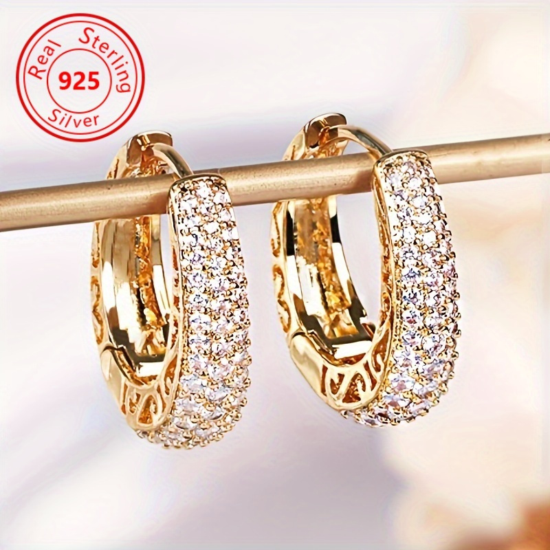 

1 Pair Of Luxurious 925 Sterling Silver Hoop Earrings, 18k Gold-plated With Sparkling Zirconia - Chic , Ideal For & Parties, Perfect Thanksgiving Gift