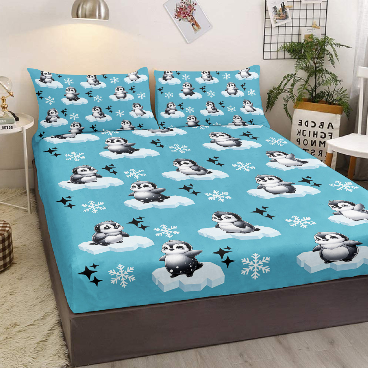 

Open 3pcs 100% Polyester Ice Cube Penguin Print Bedroom Fitted Sheet Pillowcase 1 Fitted Sheet + 2 Pillowcases