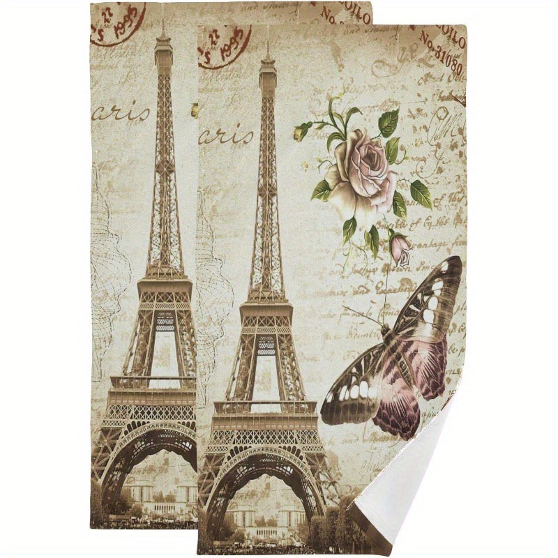 

2pcs Eiffel Tower & Rose Butterfly Kitchen Towels - Ultra Soft, Absorbent Microfiber Dish Cloths For Home Decor, Perfect For Face, Hair, Gym, Spa - 18x26 Inches