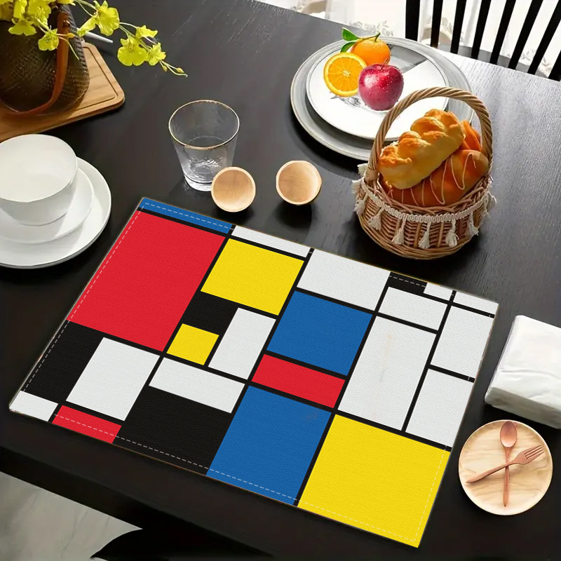 

2/4 Pcs Modern Geometric Color Block Print Placemats - 100% Linen Woven Table Mats, Anti-stain Heat Resistant, Washable Rectangular Dining Mats For Home, Kitchen, Party & Holiday Decor