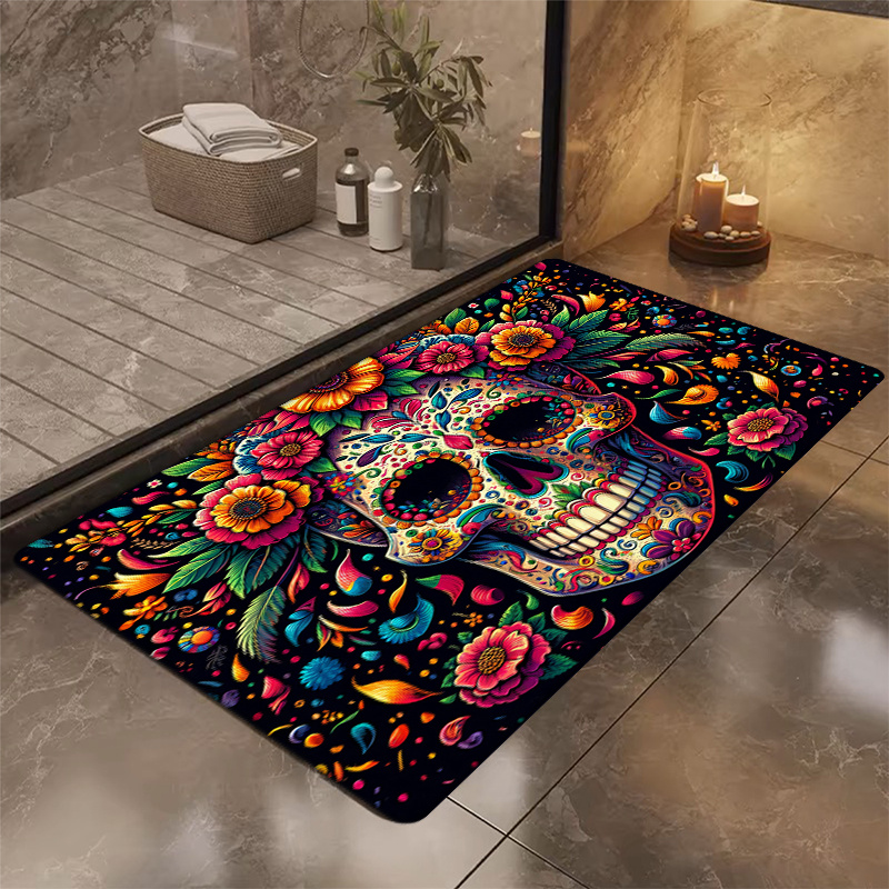 

Festive Day Of The Dead Rug: Vibrant Floral Design, Machine Washable, 160cm X 62.99cm, Perfect For Entryway, Kitchen, Bedroom, Laundry Room, Or Bathroom