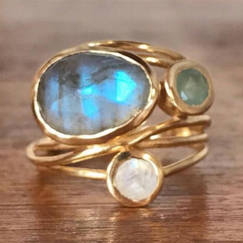 

Bohemian Retro Style Golden Inlaid With Colorful Artificial Gemstones For Women's Rings, European And American Women's Creative Multi-layer Shell Ring