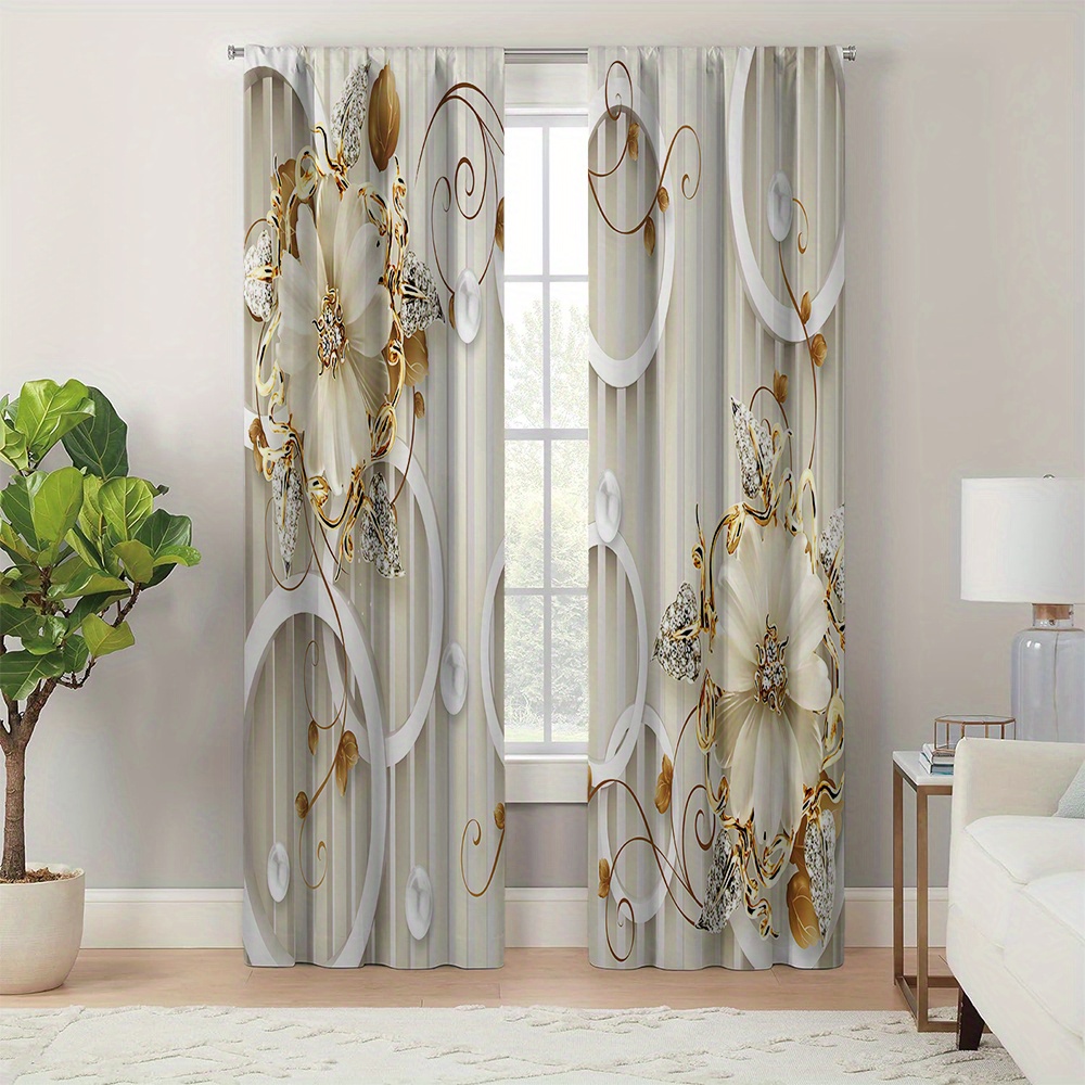 

Classic Floral Embellished Polyester Knit Curtains - 2 Panel Set For Living Room With Tie Backs, Machine Washable, Elegant For Home Decor