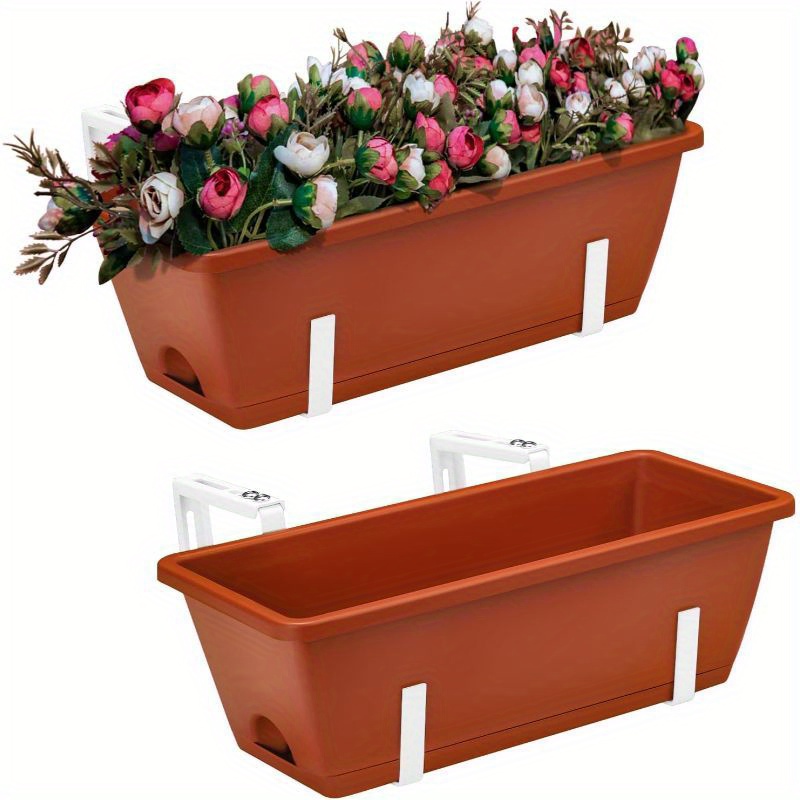 

2pcs Hanging Deck Rail Planter Boxes, " - Indoor/outdoor Garden Enhancement With Adjustable Metal Brackets, Drainage, In - Flowers & Herbs, Outdoor Gardening|garden Aesthetic| Plastic