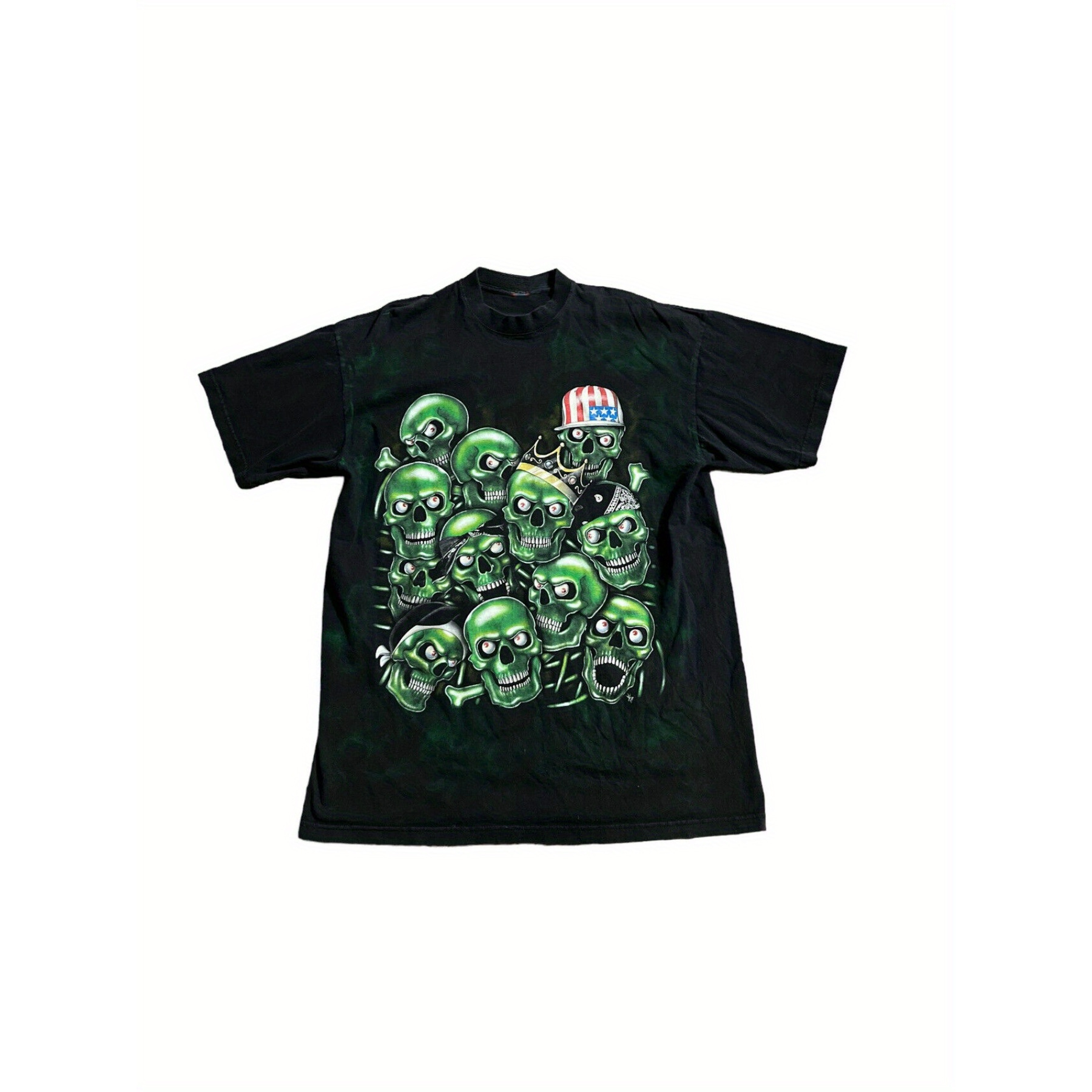 

Vintage Skull Stacking Full Printed T-shirt Green Black Gradient Size Xl Da Grind Y2g