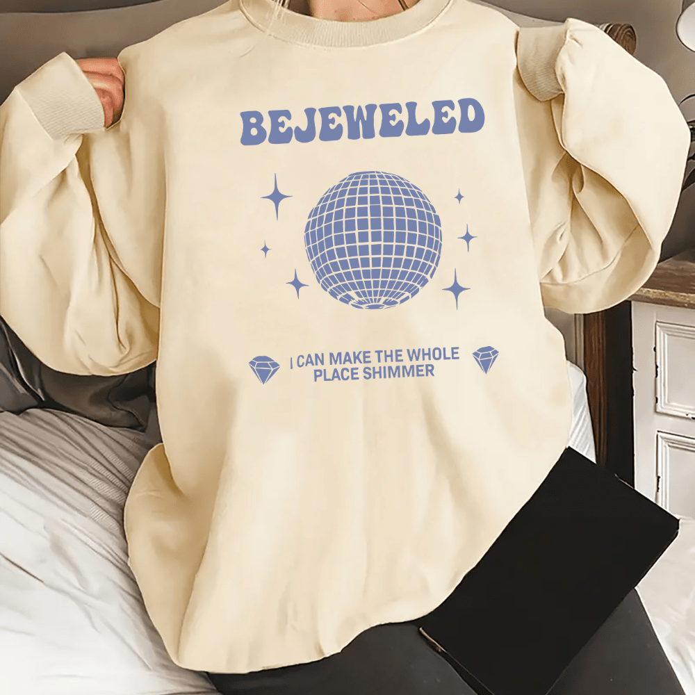 

Casual Knit Alphabet Print Crew Neck Sweatshirt With "bejewled" Graphic And Shimmer Slogan - 100% Polyester Long Sleeve Pullover For Women - Fall/winter Collection