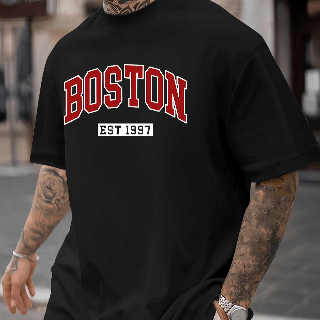 

Boston Est 1997 Casual Crew Neck T-shirt - Polyester Knit Fabric With Slight Stretch, Geometric Pattern Detail, Regular Fit Summer Tee For Men