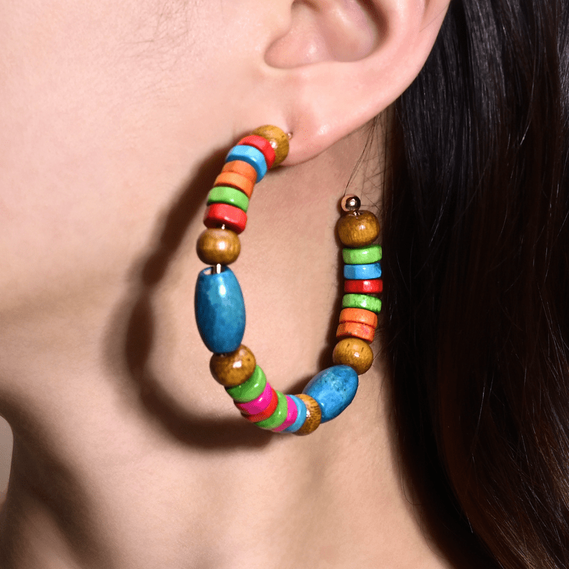 

2pcs Exaggerated Exquisite Geometric Bohemian Ethnic Style Wooden Stainless Steel Multicolor Beaded Earrings Women Daily Gift Party