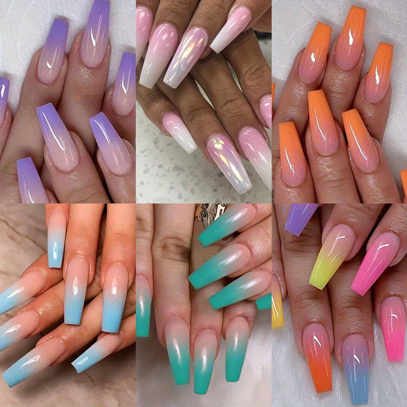 144pcs Rainbow Gradient Ballet Press-on Nails, Long Coffin Fake Nails In Pink, Purple, Yellow - , Reusable For All Women, Stylish Manicure | Gradient Nail Design | Vibrant Nail Colors