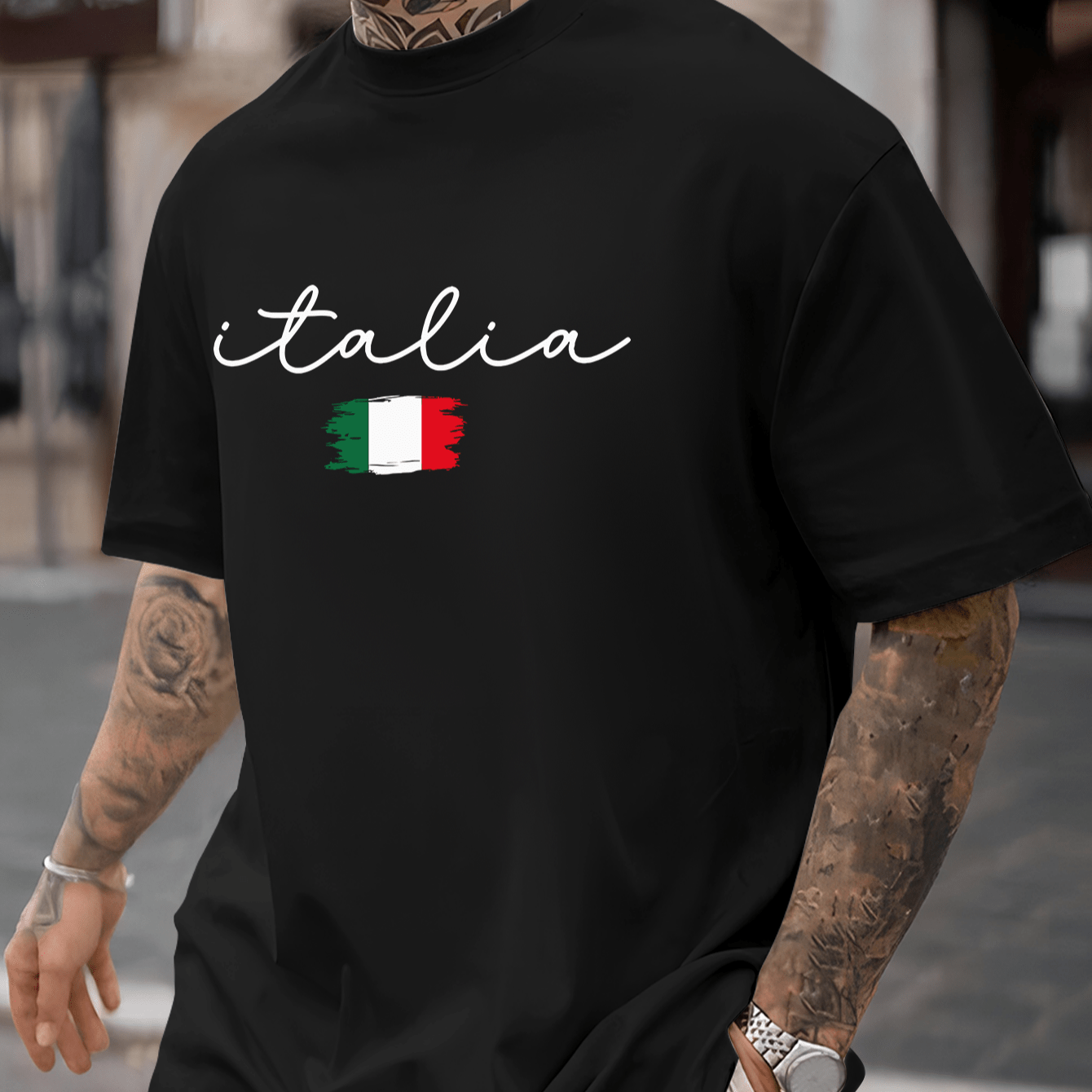 

Italy Flag Geometric Pattern T-shirt - Casual Crew Neck Polyester Knit With Elastane, Slight Stretch, Summer Breathable Short Sleeve Tee For Adults