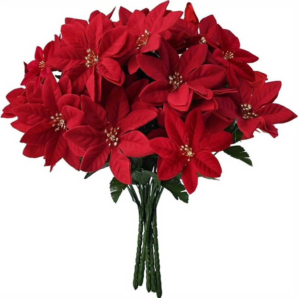 Image of 2-pack Artificial Poinsettia Bouquet For Holiday Decor - Plastic Christmas Flowers For Home, Garden, Wedding Decoration - Versatile For Mother's Day, Halloween, Valentine's