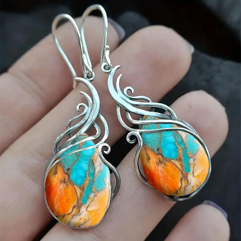 TEMU 1 Pair Fashionable Retro Bohemian Style Turquoise Pendant Earrings - Durable Iron Ear Needles, Resin Mosaic, Plated White , Versatile And Easy-to-wear, Combining Well With Any Outfit, Bohemian