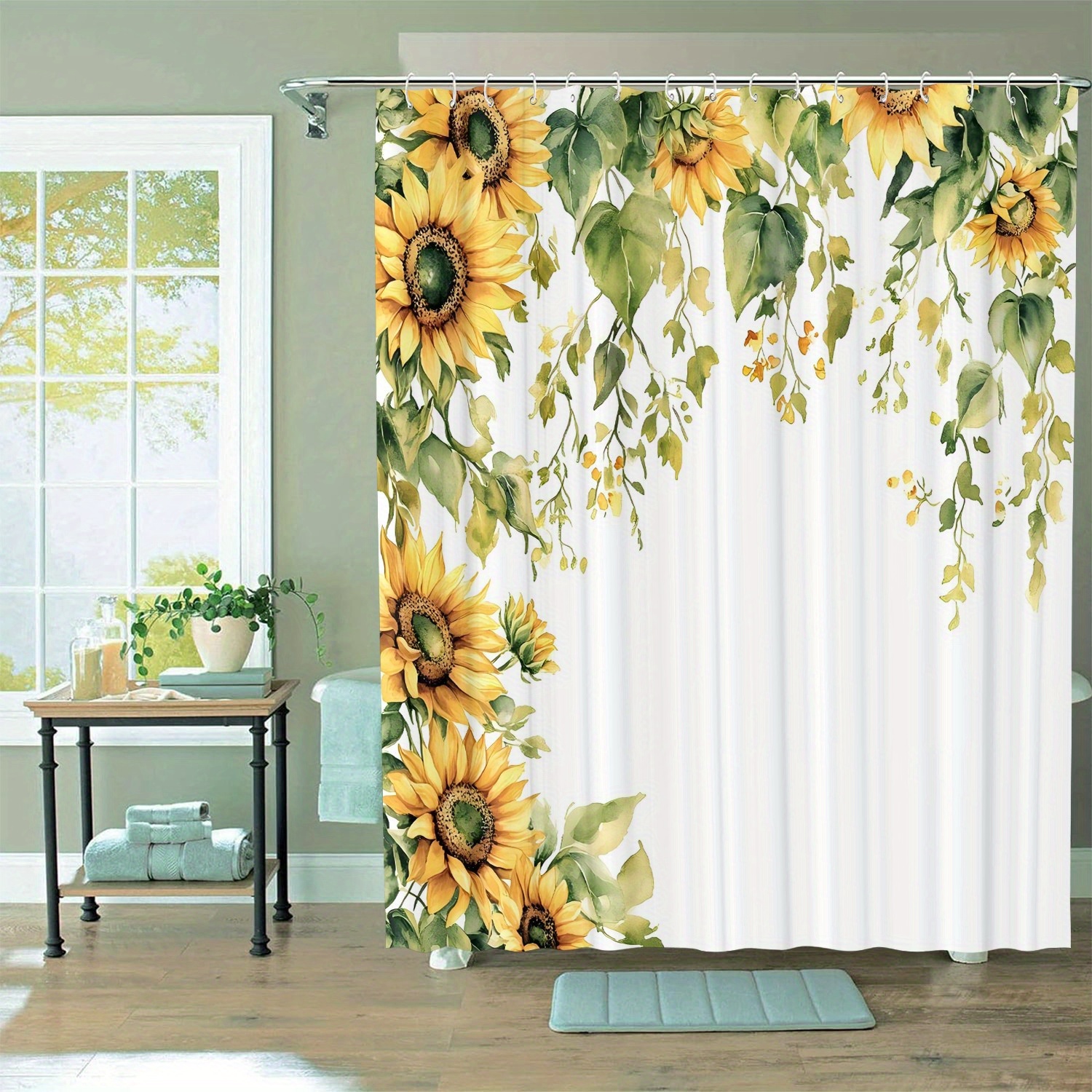 

Sunflower Graphic Shower Curtain With 12 Hooks – Water-resistant Non-woven Fabric Bathroom Decor – Machine Washable Artistic Flower Pattern Curtain For Home And Hotel