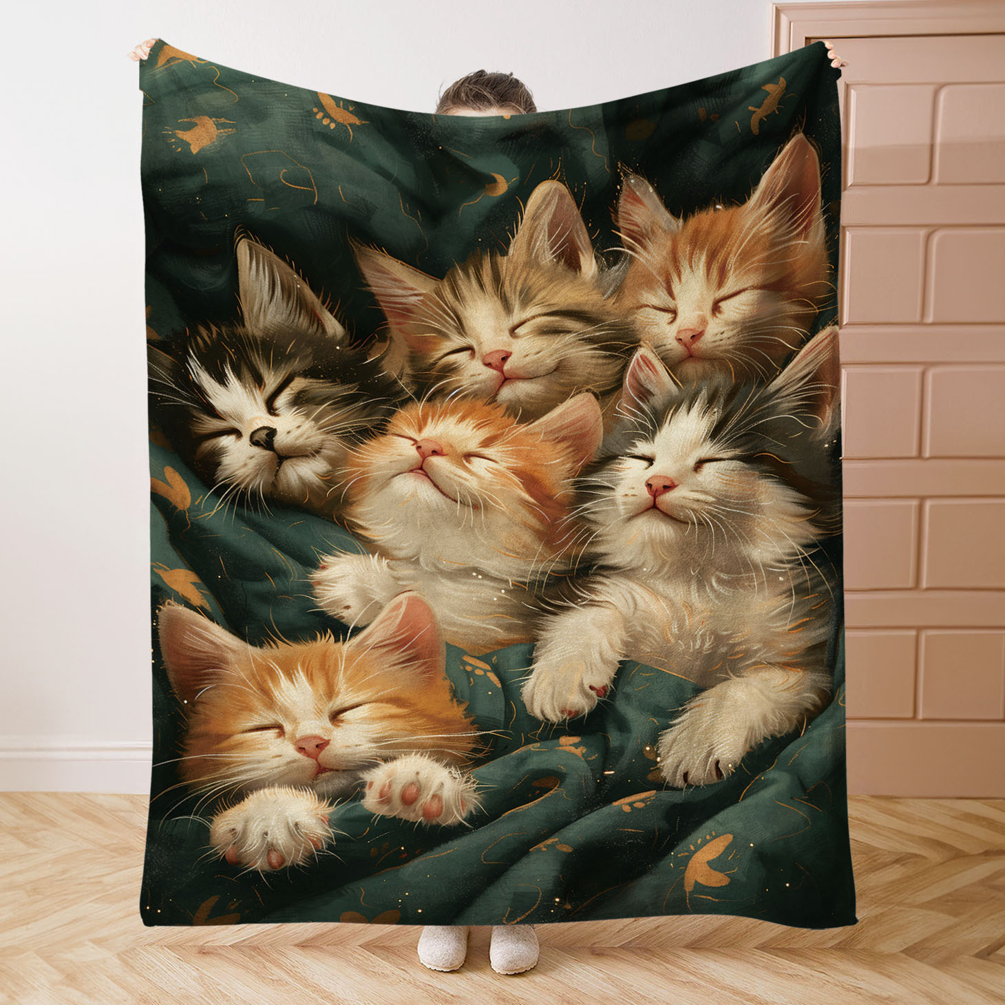 

Mid-century Sleeping Kittens Printed Digital Throw Blanket - 100% Polyester Flannel, Comfort For Bed, Sofa, And Camping