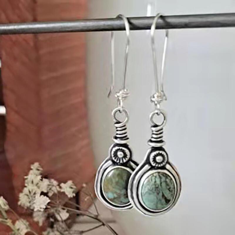 

2pcs Vintage Round Geometric Bohemian Copper Imitation Turquoise Silvery Pendant Earrings Woman Party Daily