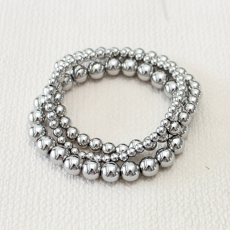 

Set Of 3 Waterproof Stainless Steel Bracelets Jewelry Steel Beads Bracelet Elastic Hand Jewelry