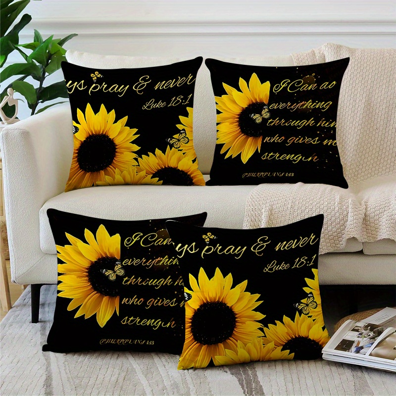 

4pcs, Throw Pillow Cover, No Pillow , Black Background, Sunflower Personality Style Decoration, Comfortable Soft Fabric People More Relaxed, Machine Washable Material Is More