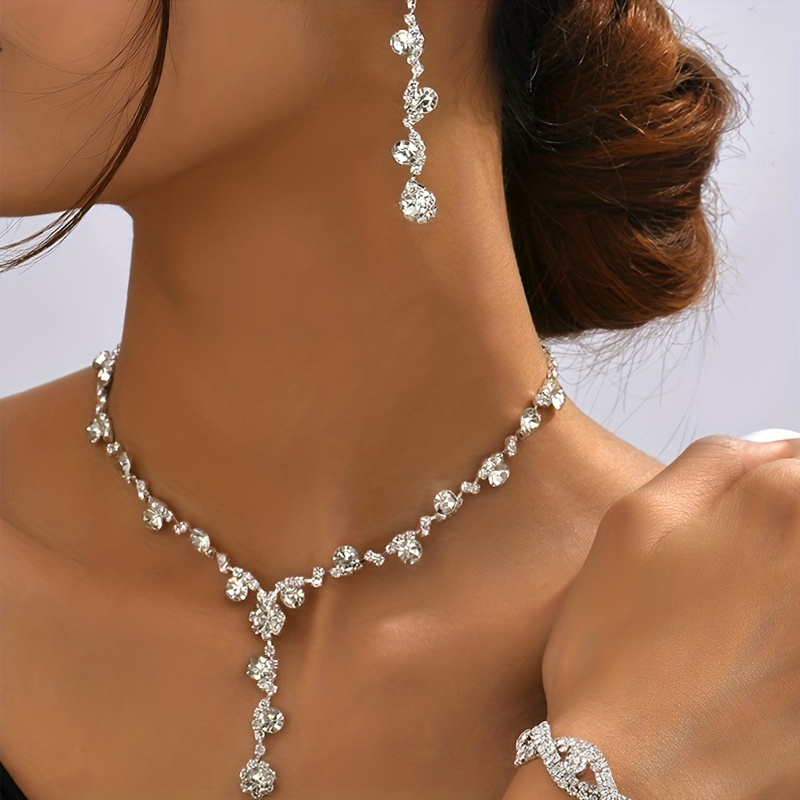 

Rhinestone Chain Jewelry Set Flower Shape Shiny Zirconia Pendant Necklace & Chain Bracelet Jewelry Set For Bride And Bridesmaids