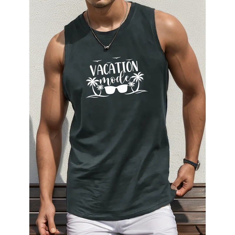 

Men's Polyester Tank Top - Summer Casual Crew Neck Sleeveless Tank With Geometric Palm Tree Print, Slight Stretch Knit Fabric, Regular Fit Adult Vest