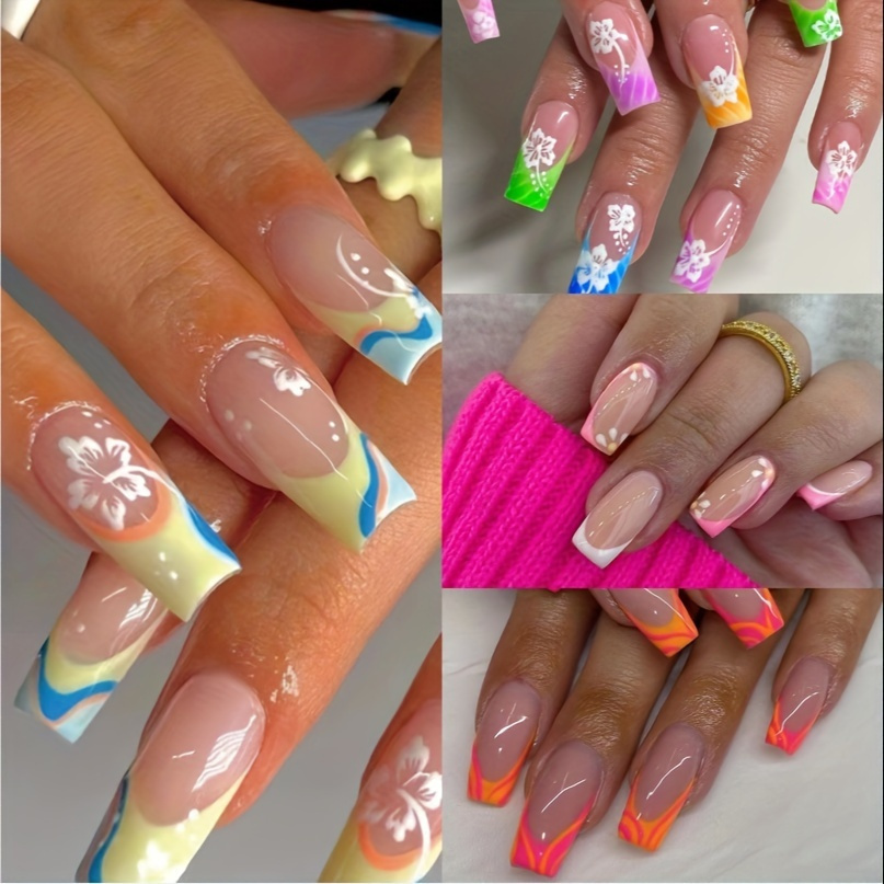 

96 Pieces Of Wear Nail Length Square With Flower , Suitable For Women