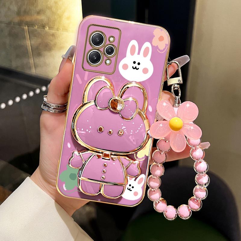 TEMU Funda para teléfono: Espejo de maquillaje con correa de flores, soporte para teléfono de conejo lindo, funda con soporte para Xiaomi Redmi 12 4G