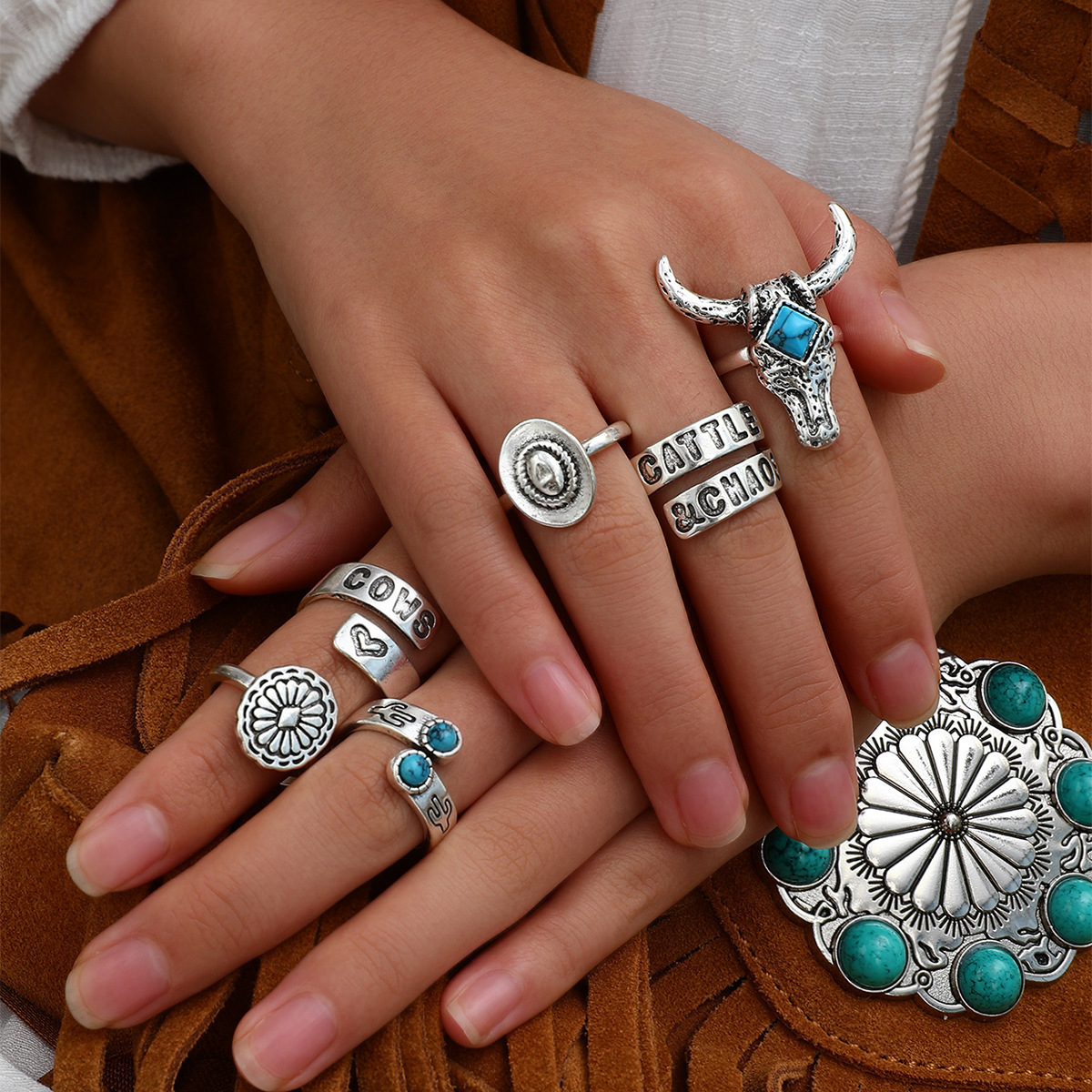 

6pcs Vintage Bohemian Turquoise Cactus Cow Head Rings Set, Charm Western Cowboy Style Rings, Adjustable Personalized Rings Pack Perfect For Women Men Teen Girls