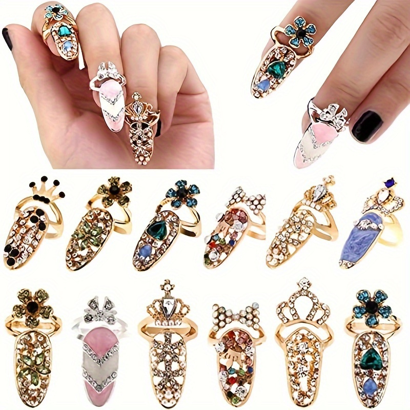 

12 Noble Luxury Women's Nail Rings Decorated With Tip Nail Art Charm Crown Flower Crystal Rhinestone Nail Rings