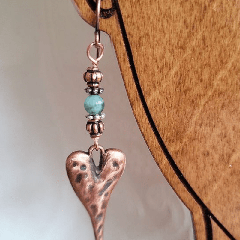 

2pcs Retro Heart Geometry Ethnic Style Copper Natural Stone Multicolor Pendant Earrings Woman Party Daily