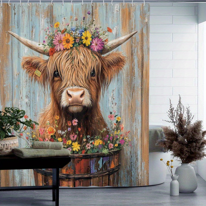 

Water-resistant Shower Curtain With Highland Cow And Floral Design, Arts-themed Non-woven Fabric Curtain With 12 Hooks For Home And Hotel, Machine Washable Graphic Bath Curtain