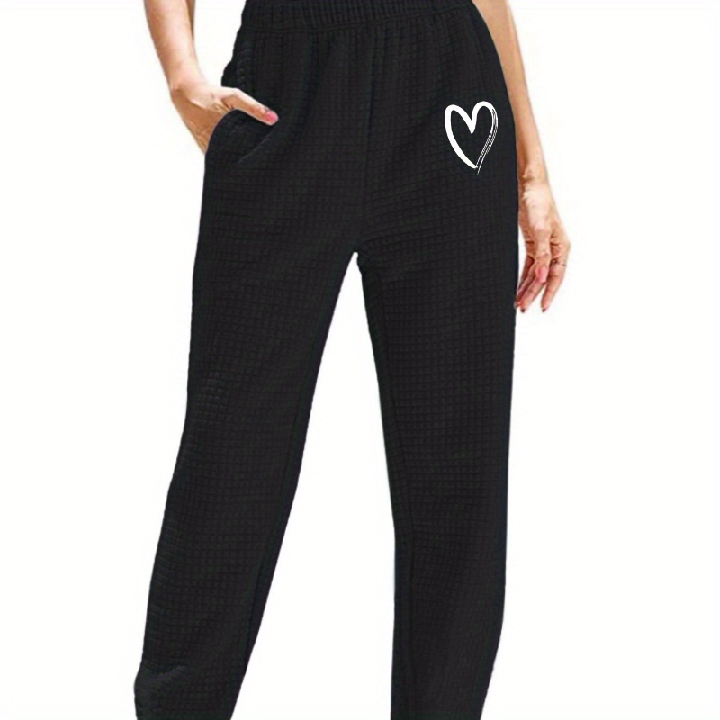 

Plus Size Heart Print Pocket Pants, Casual Elastic Waist Waffle Jogger Pants For Fall & Winter, Women's Plus Size Clothing