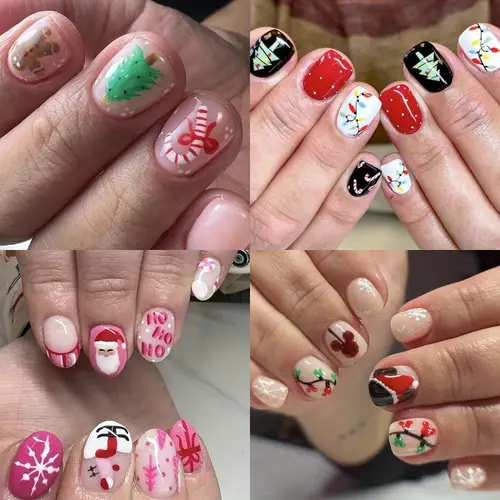 96pcs christmas press on nails short almond square nails with white pink christmas on nails full cover false nails christmas acrylic nails for women