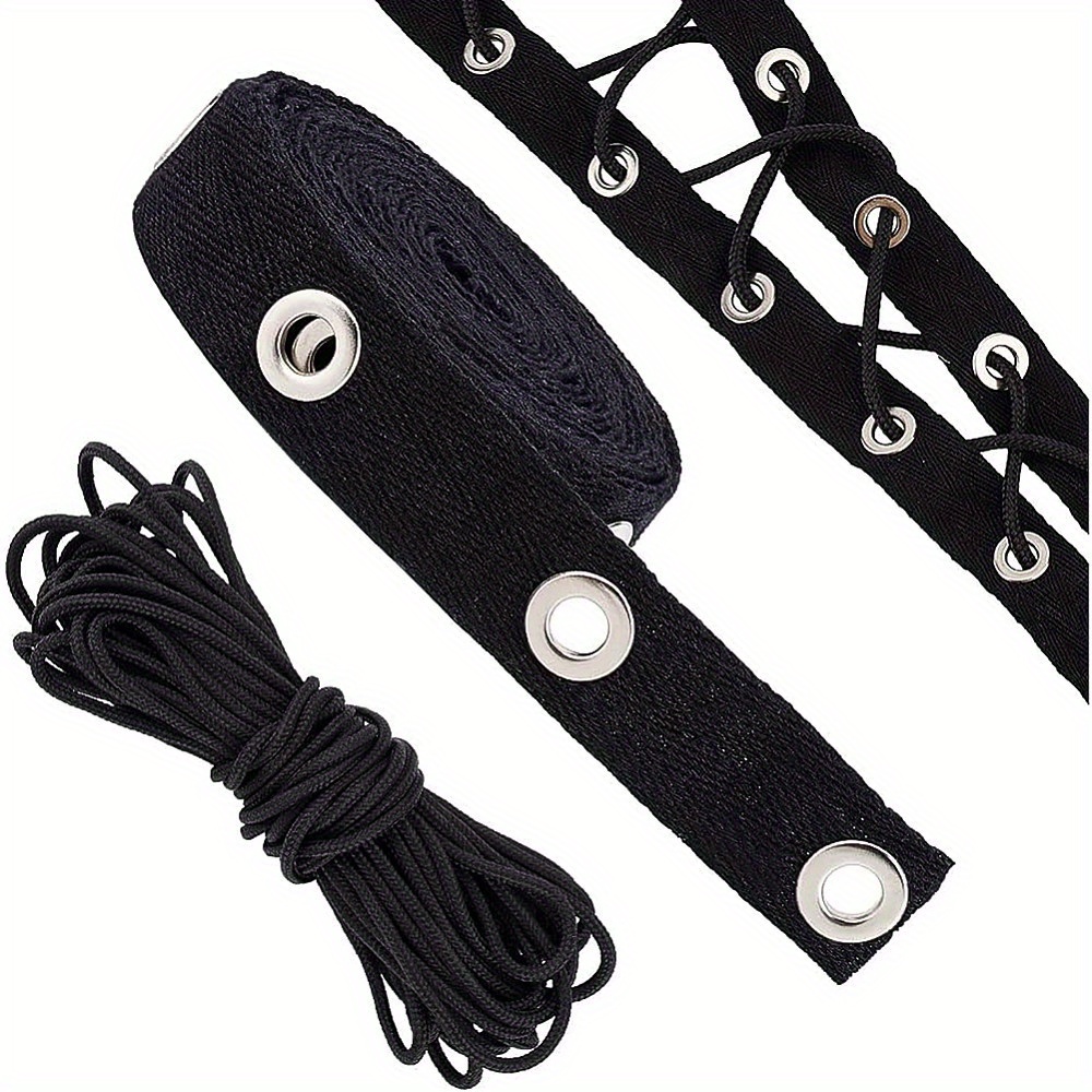 Image of 1bag 3 Yard/2.74m 20mm Wide Black Grommet Eyelet Twill Tape Trim With 10yards/9m 3mm Round Ribbons For Sewing Crafts Making, Diy Wallet Making