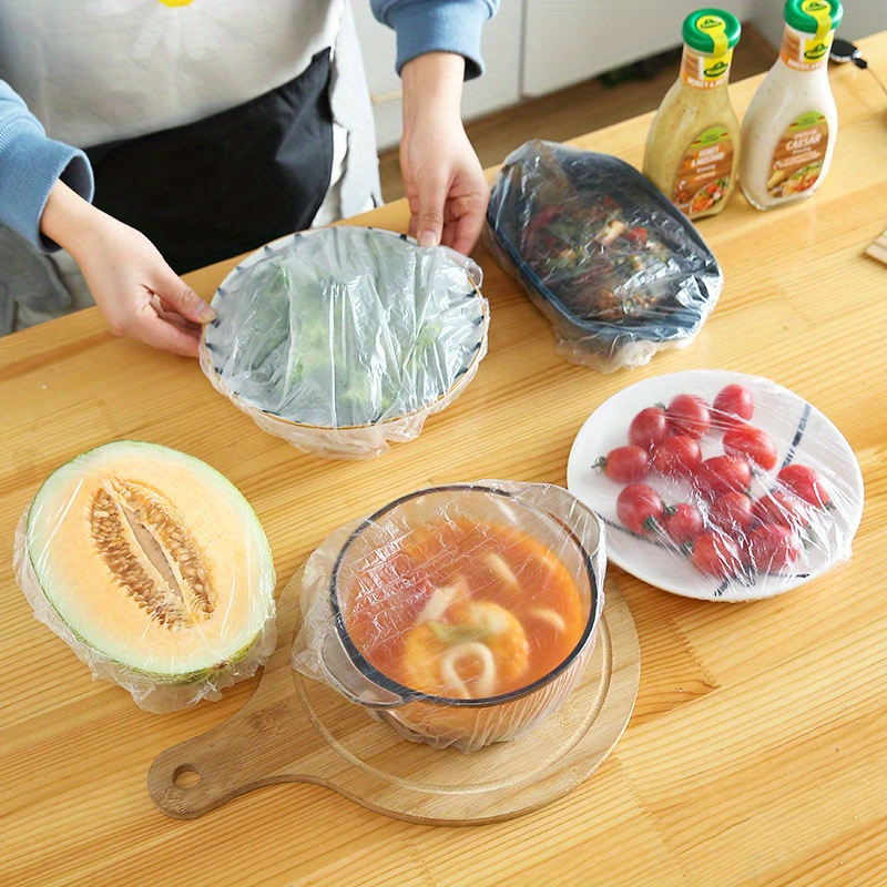 100pcs reusable elastic food storage covers clear stretch plastic wrap for bowls dishes         ideal for home kitchen use details 1