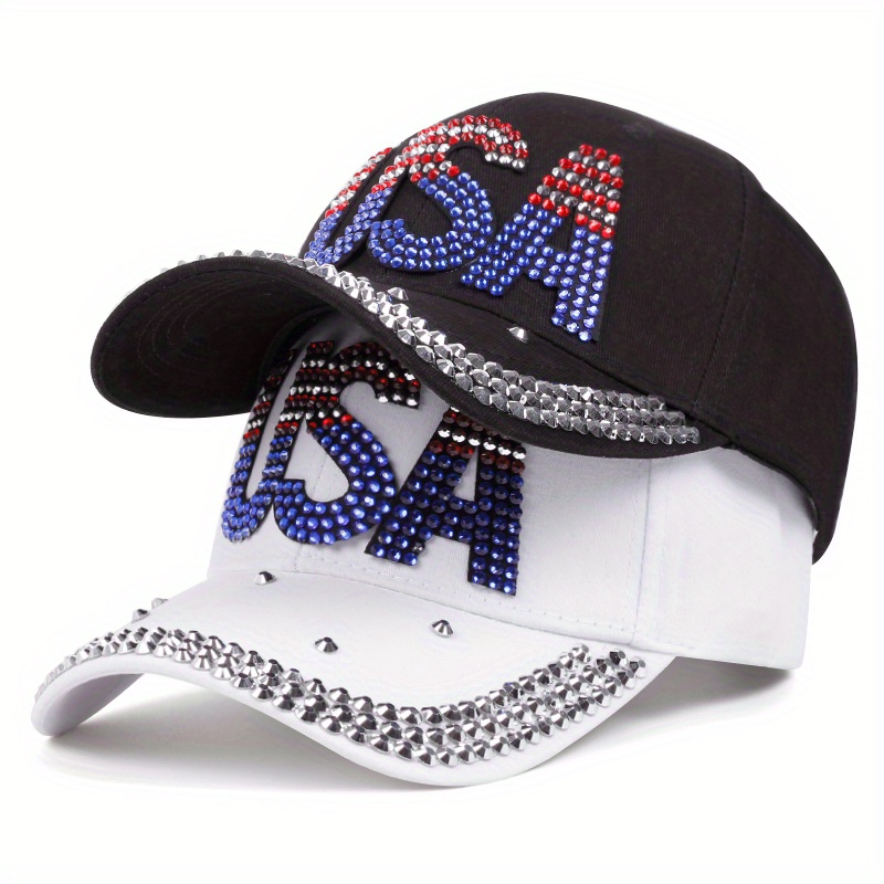 

Rhinestone Usa Decor Baseball Cap Vintage Adjustable Size Peaked Hat Summer Sunshade Hat