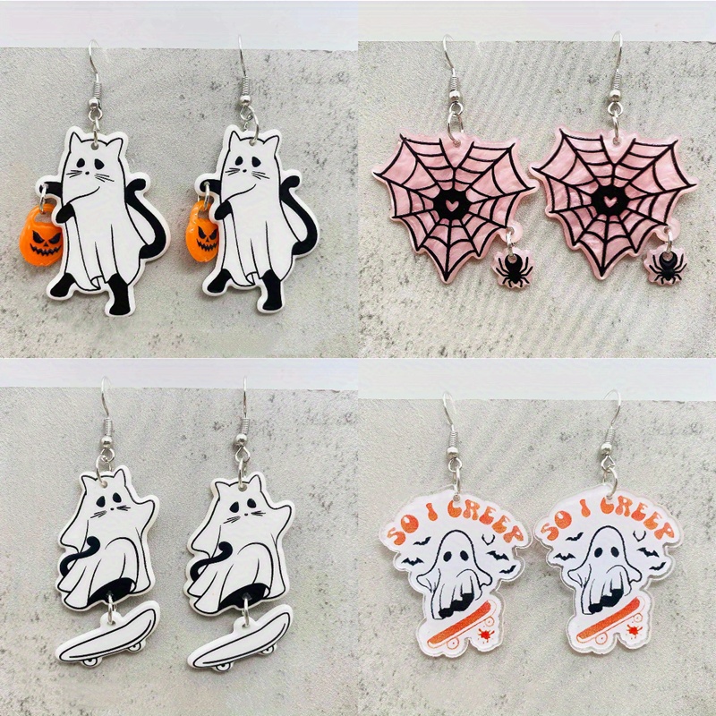 

4 Pairs Of Halloween Single-sided Printed Earrings, Cute Pumpkin Spider Skateboard Cat Acrylic Earrings, Cartoon Alloy Hook Dangle Earring, Halloween Gifts, Ideal Halloween Jewelry For Women